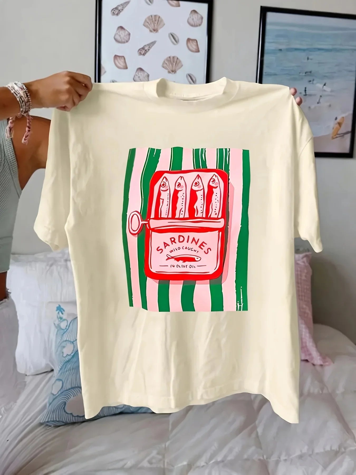 American Y2k Women’s Casual T-Shirt with Sardine Pattern Print, Summer Short-Sleeve Streetwear Top, Trendy and Multifunctional