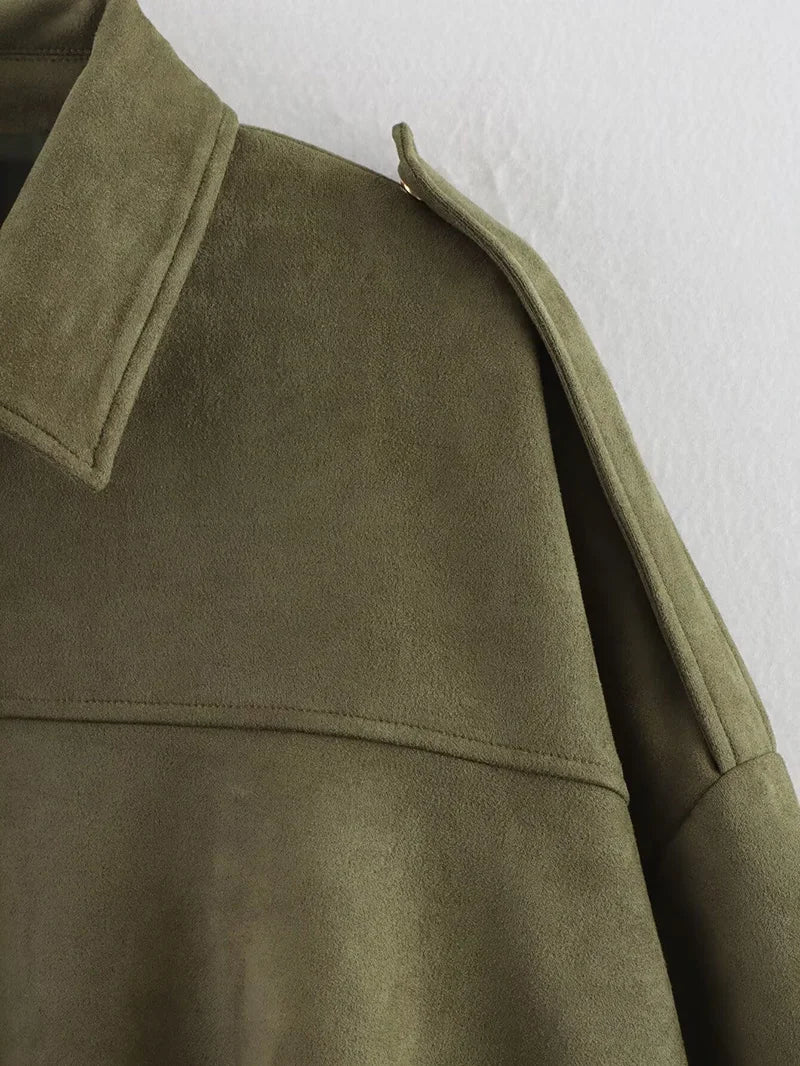 RAFZNB Women's Bomber Jackets Coats Fashion Turn-down Collar Long Sleeve Loose Coats Vintage Female Outerwear Chic Tops