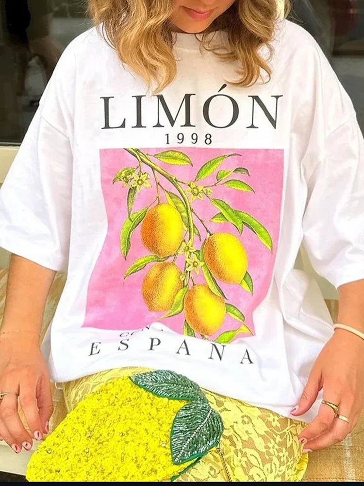 Lemon Fruit Print T-Shirts Cotton Women Graphic Tops Vintage Aesthetic Botanical Streetwear Shirt Cottagecore Clothes Oversized