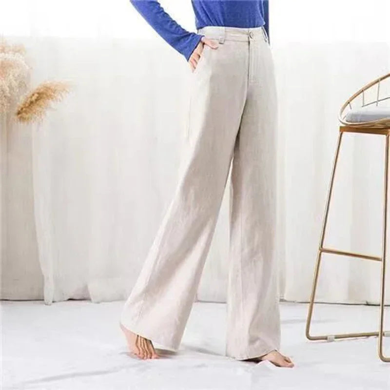 Summer Baggy Cotton Linen Pants Women Elegant High Waist White Wide Leg Pants Woman Casual Loose Straight Full Trousers Female
