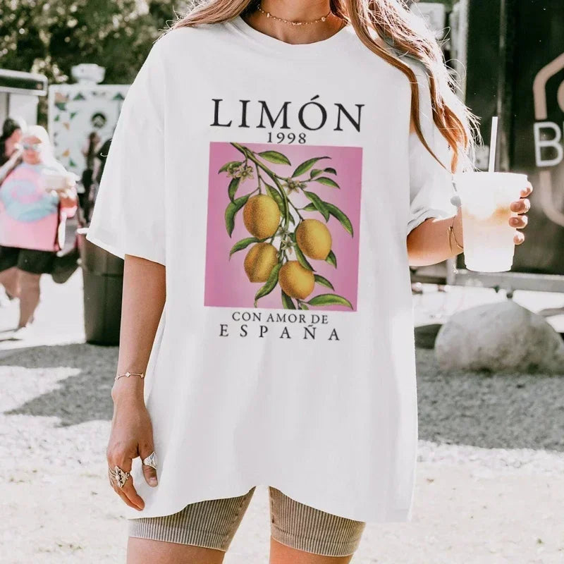 Lemon Fruit Print T-Shirts Cotton Women Graphic Tops Vintage Aesthetic Botanical Streetwear Shirt Cottagecore Clothes Oversized