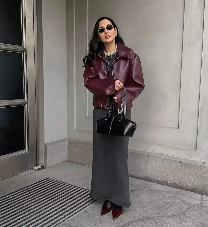 TRAFZA Wine Red Faux Leather Jakcet Fashion Outerwear Thicken Zipper Lapel Pu Coats Autumn Winter Streetwear Ladies Tops Women