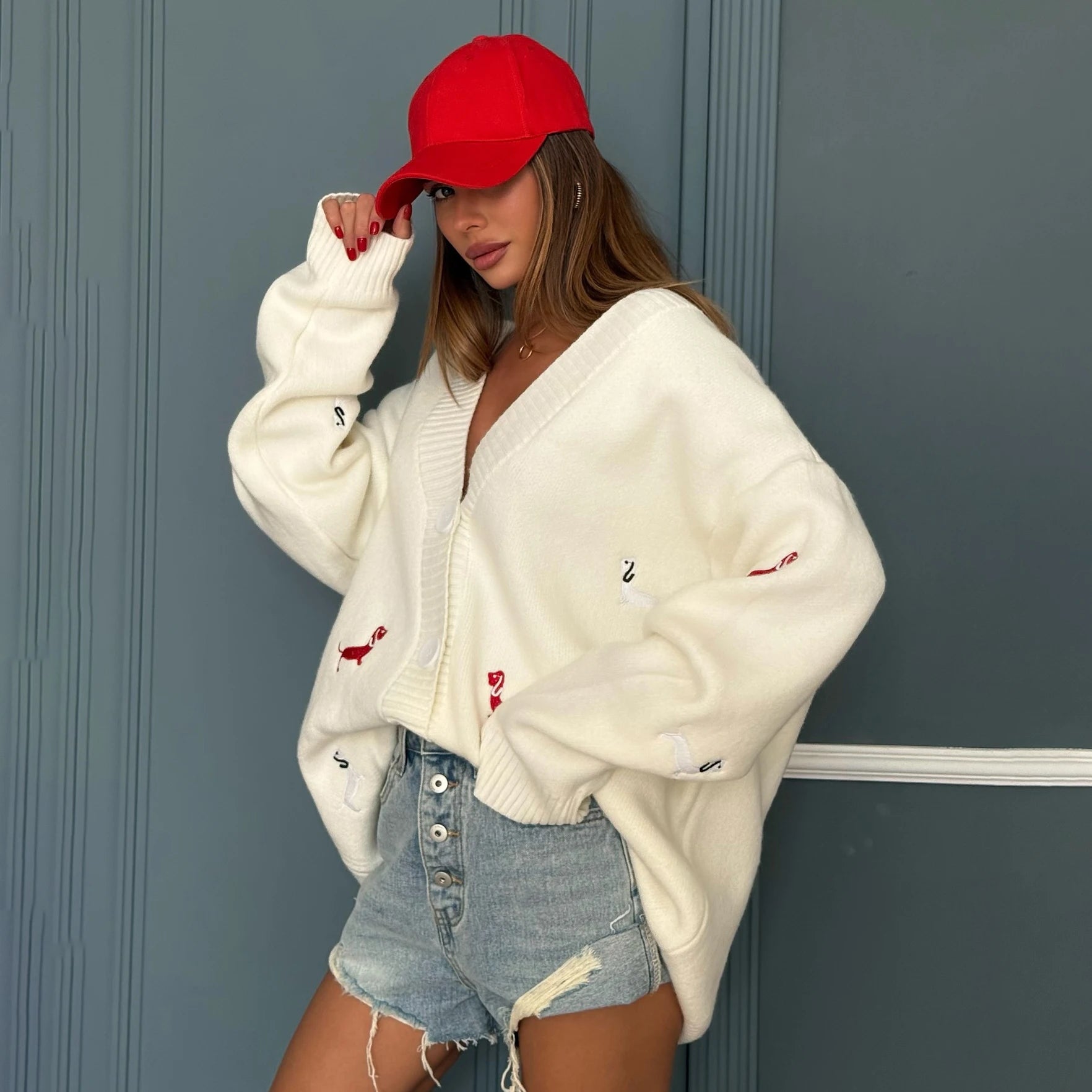 Zekye Cross-border Dachshund Embroidered Sweater Coat For Women Super Loose Soft Lazy Fashionable Knitted Cardigan Outerwear