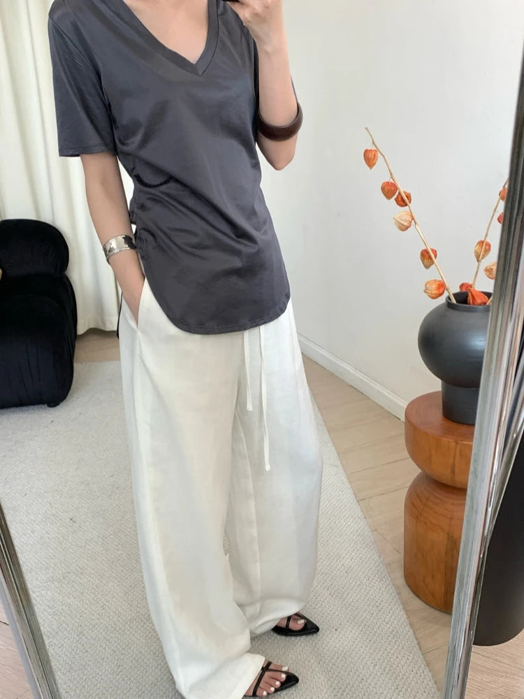 Slack Linen Wide-leg Pants Summer Loose Versatile Drawstring Straight White Casual Trousers Korean Fashion