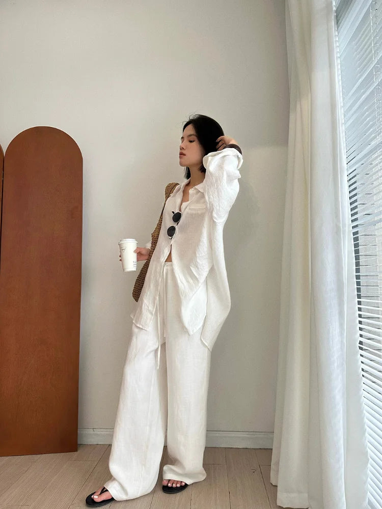 Slack Linen Wide-leg Pants Summer Loose Versatile Drawstring Straight White Casual Trousers Korean Fashion