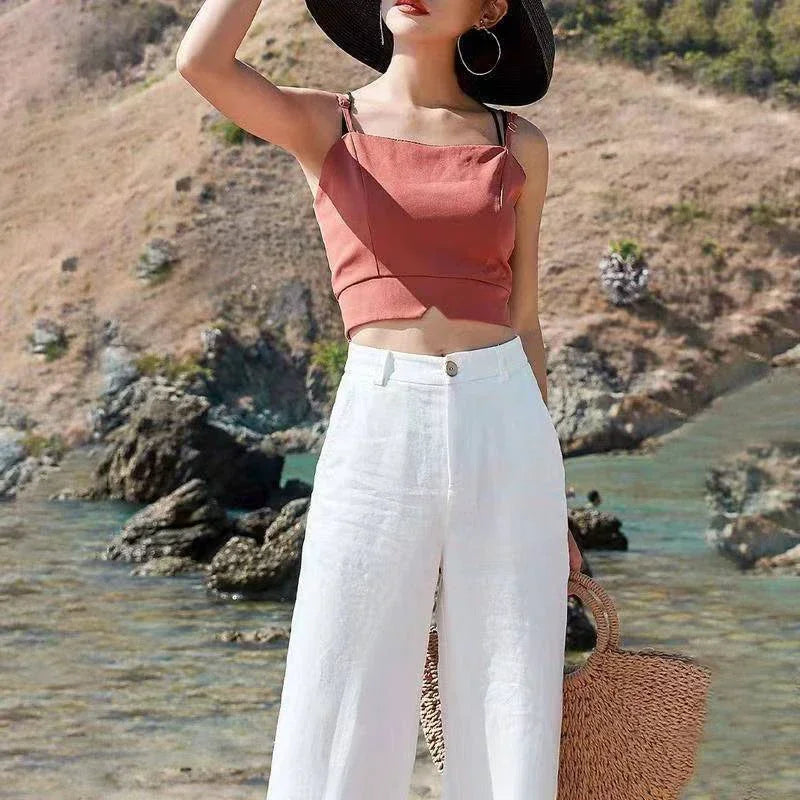 Summer Baggy Cotton Linen Pants Women Elegant High Waist White Wide Leg Pants Woman Casual Loose Straight Full Trousers Female