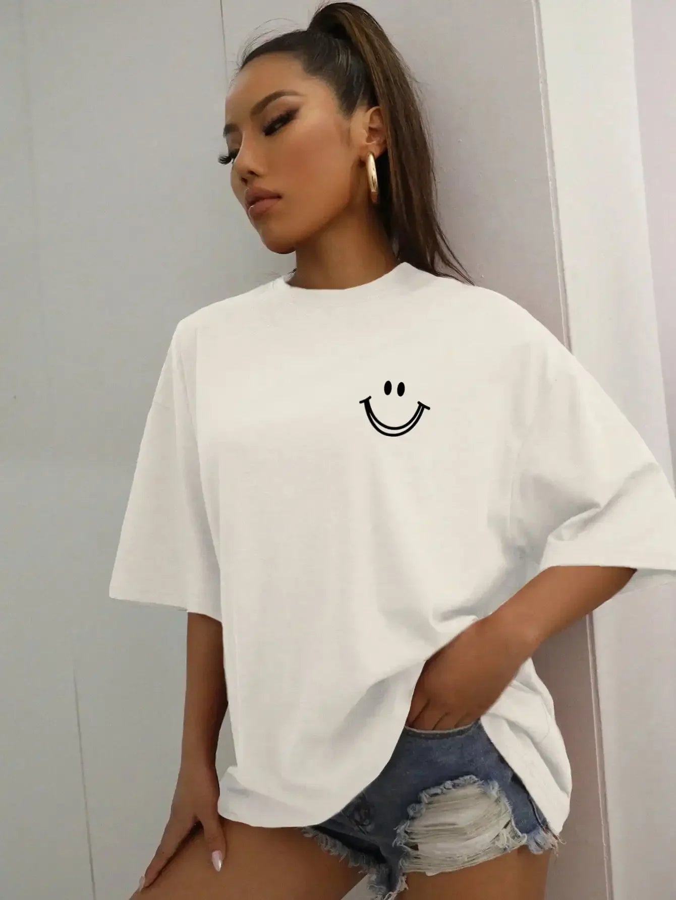 Happy Expression Printed Women Short Sleeve Street Hip Hop Tee Clothing All-math Breathable Tops Crewneck Women T-Shirts