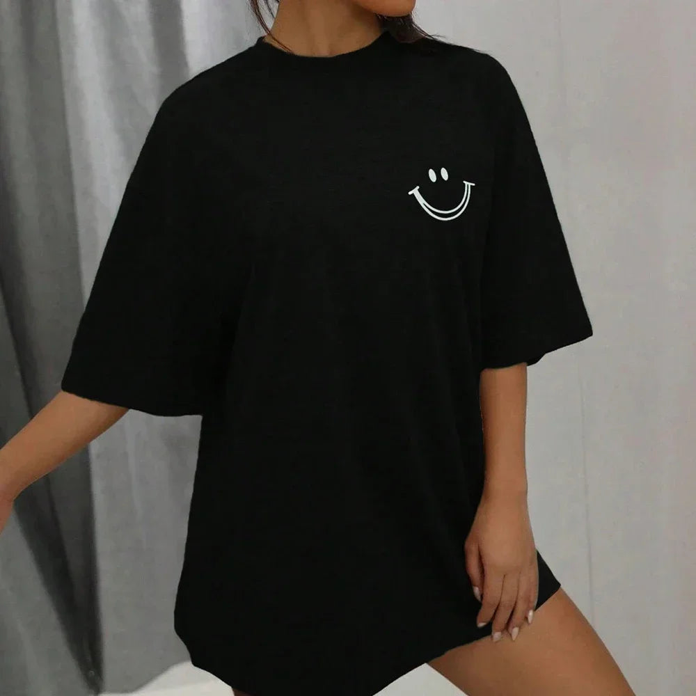 Happy Expression Printed Women Short Sleeve Street Hip Hop Tee Clothing All-math Breathable Tops Crewneck Women T-Shirts