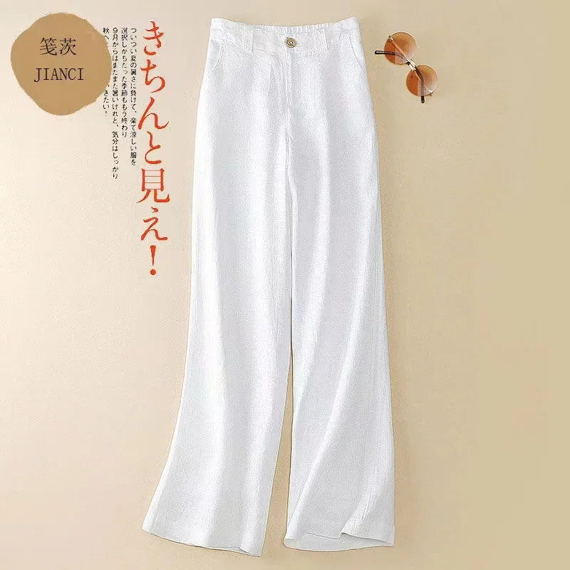Summer Baggy Cotton Linen Pants Women Elegant High Waist White Wide Leg Pants Woman Casual Loose Straight Full Trousers Female