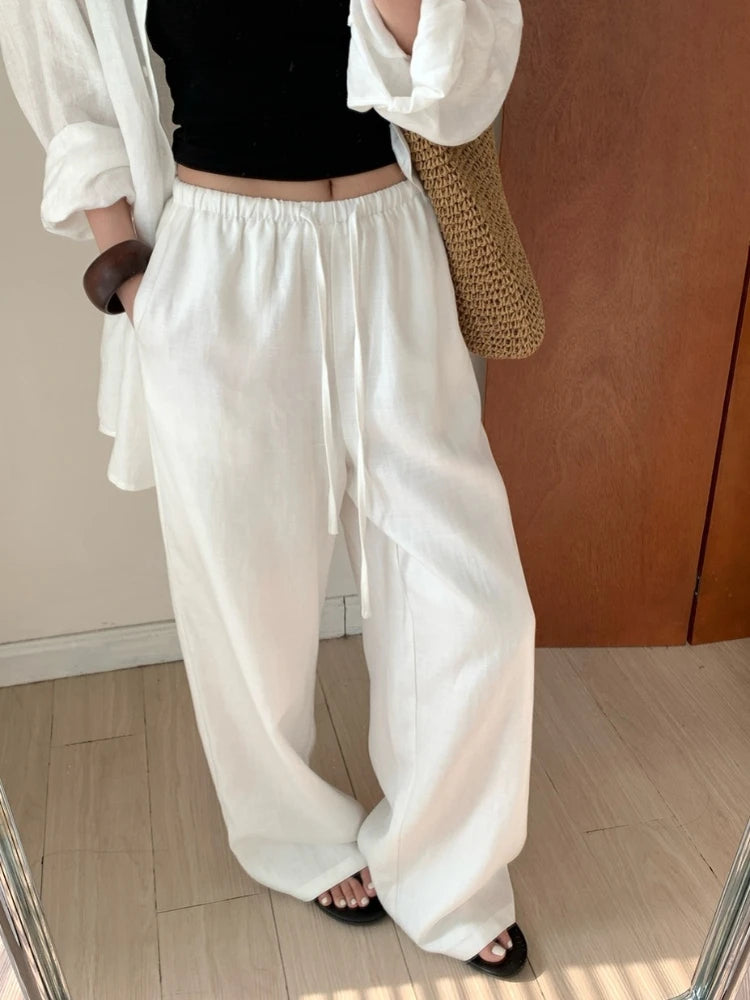 Slack Linen Wide-leg Pants Summer Loose Versatile Drawstring Straight White Casual Trousers Korean Fashion