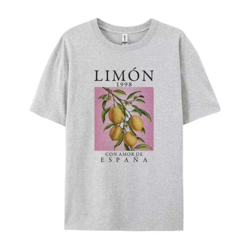 Lemon Fruit Print T-Shirts Cotton Women Graphic Tops Vintage Aesthetic Botanical Streetwear Shirt Cottagecore Clothes Oversized