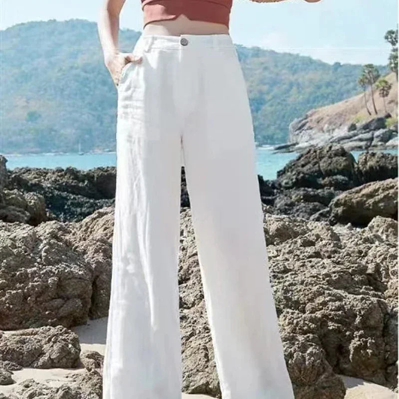 Summer Baggy Cotton Linen Pants Women Elegant High Waist White Wide Leg Pants Woman Casual Loose Straight Full Trousers Female