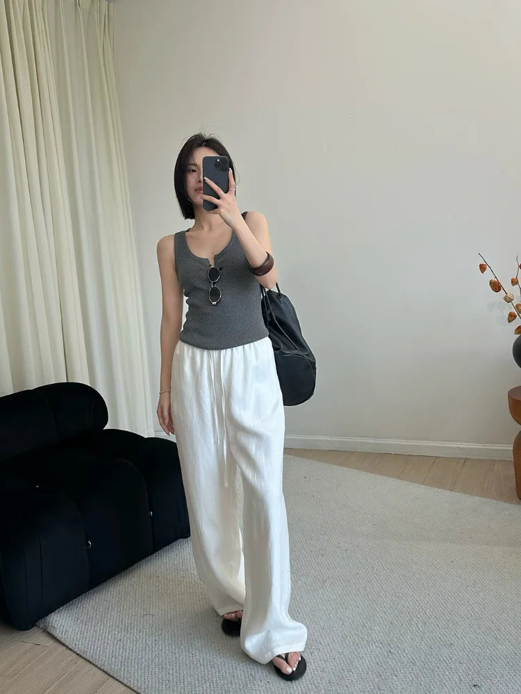 Slack Linen Wide-leg Pants Summer Loose Versatile Drawstring Straight White Casual Trousers Korean Fashion
