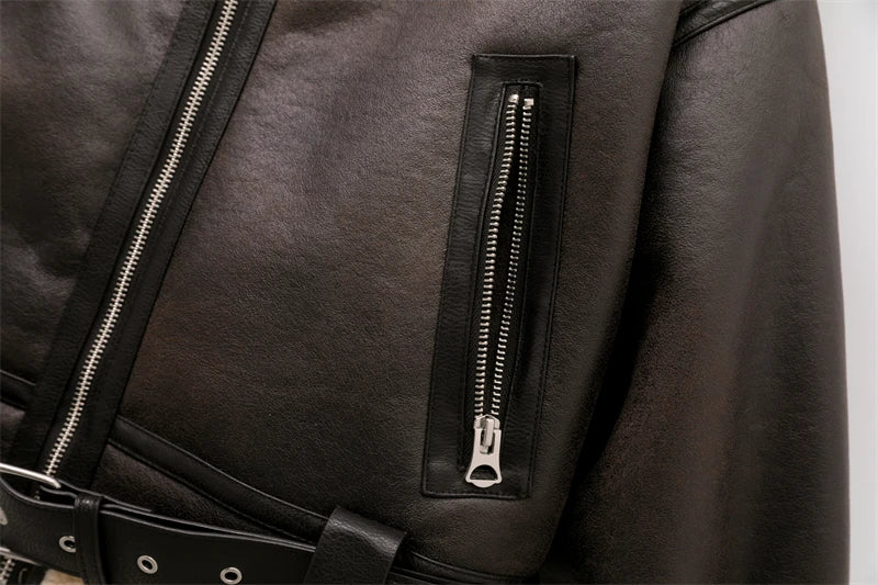 RARF 2024 New Woman's Fashion Thick Warm Faux Shearling Jacket Coat Vintage Long Sleeve Belt Hem Female Outerw