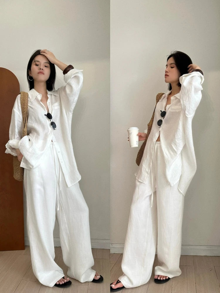 Slack Linen Wide-leg Pants Summer Loose Versatile Drawstring Straight White Casual Trousers Korean Fashion