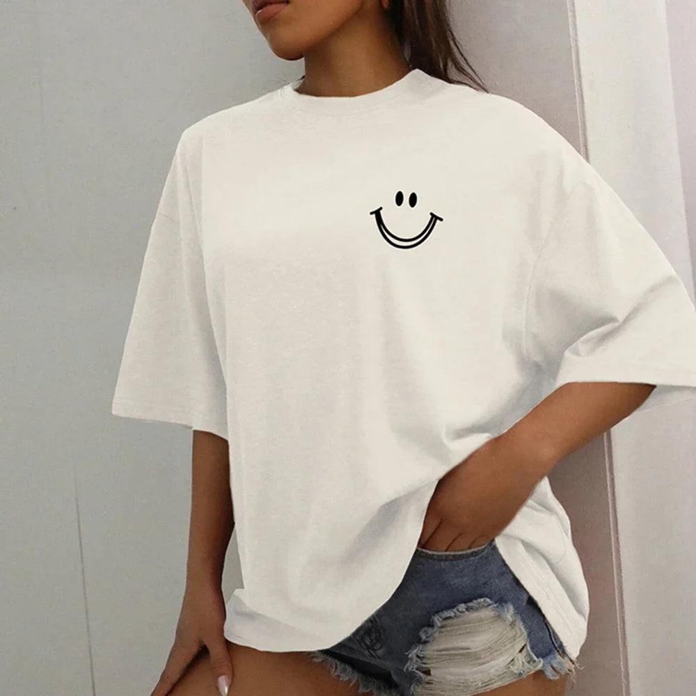 Happy Expression Printed Women Short Sleeve Street Hip Hop Tee Clothing All-math Breathable Tops Crewneck Women T-Shirts