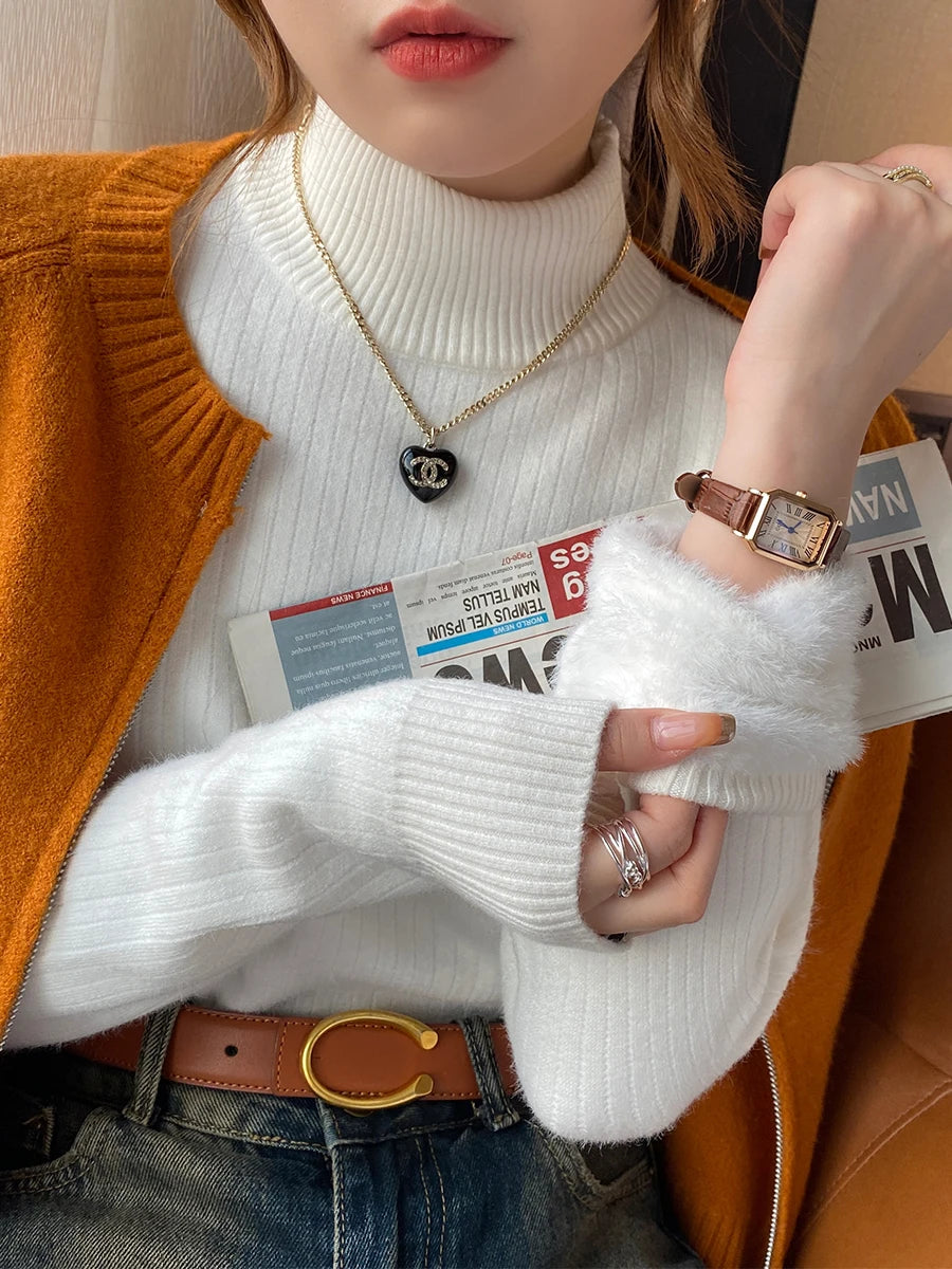 Winter Women’s Turtleneck Sweater, Retro Red Velvet-Lined, Thick Knit Thermal Bottoming Shirt