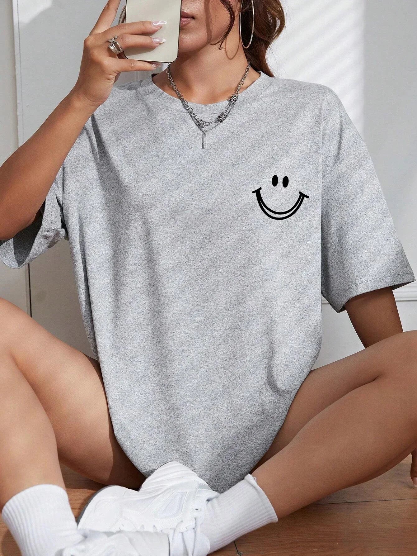 Happy Expression Printed Women Short Sleeve Street Hip Hop Tee Clothing All-math Breathable Tops Crewneck Women T-Shirts