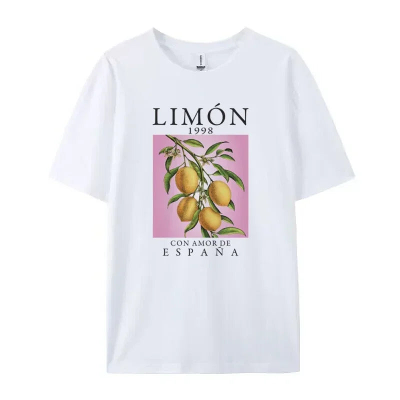 Lemon Fruit Print T-Shirts Cotton Women Graphic Tops Vintage Aesthetic Botanical Streetwear Shirt Cottagecore Clothes Oversized