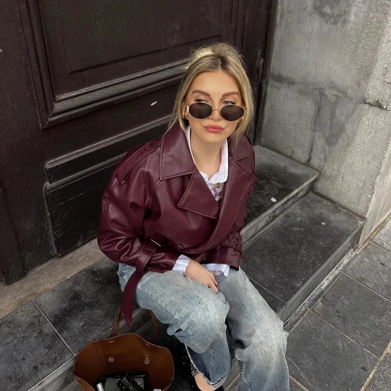 MUJER Faux Leather Bomber Jackets for Women Fashion Cropped Jacket Woman Streetwear Outerwears Long Sleeve Jacket Women Coats