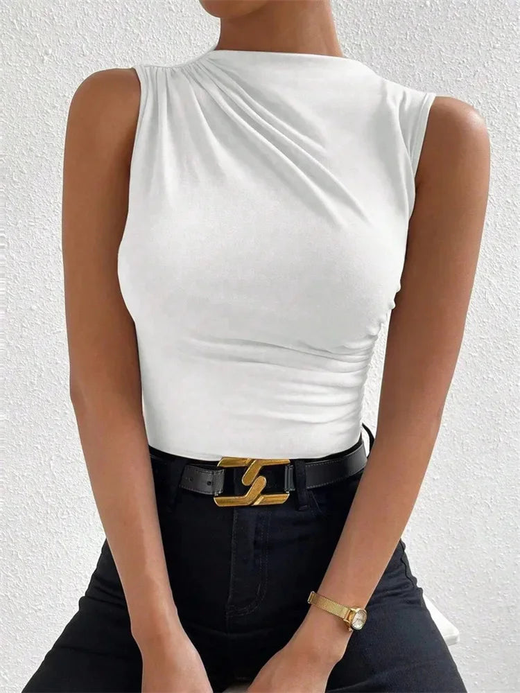 Fashion Casual Mock Neck Ruched Tank Top for Women Summer 2024 Solid Color Pleated Sleeveless Tee Shirt Tshirt Streetwear Y2K