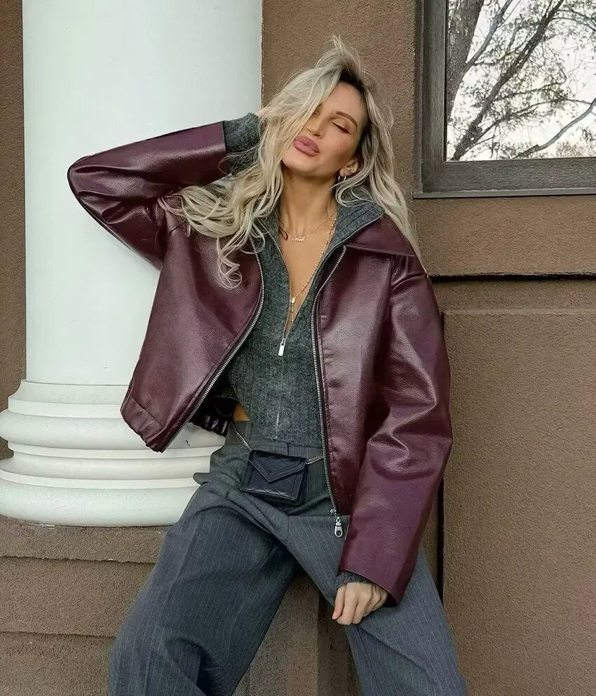TRAFZA Wine Red Faux Leather Jakcet Fashion Outerwear Thicken Zipper Lapel Pu Coats Autumn Winter Streetwear Ladies Tops Women