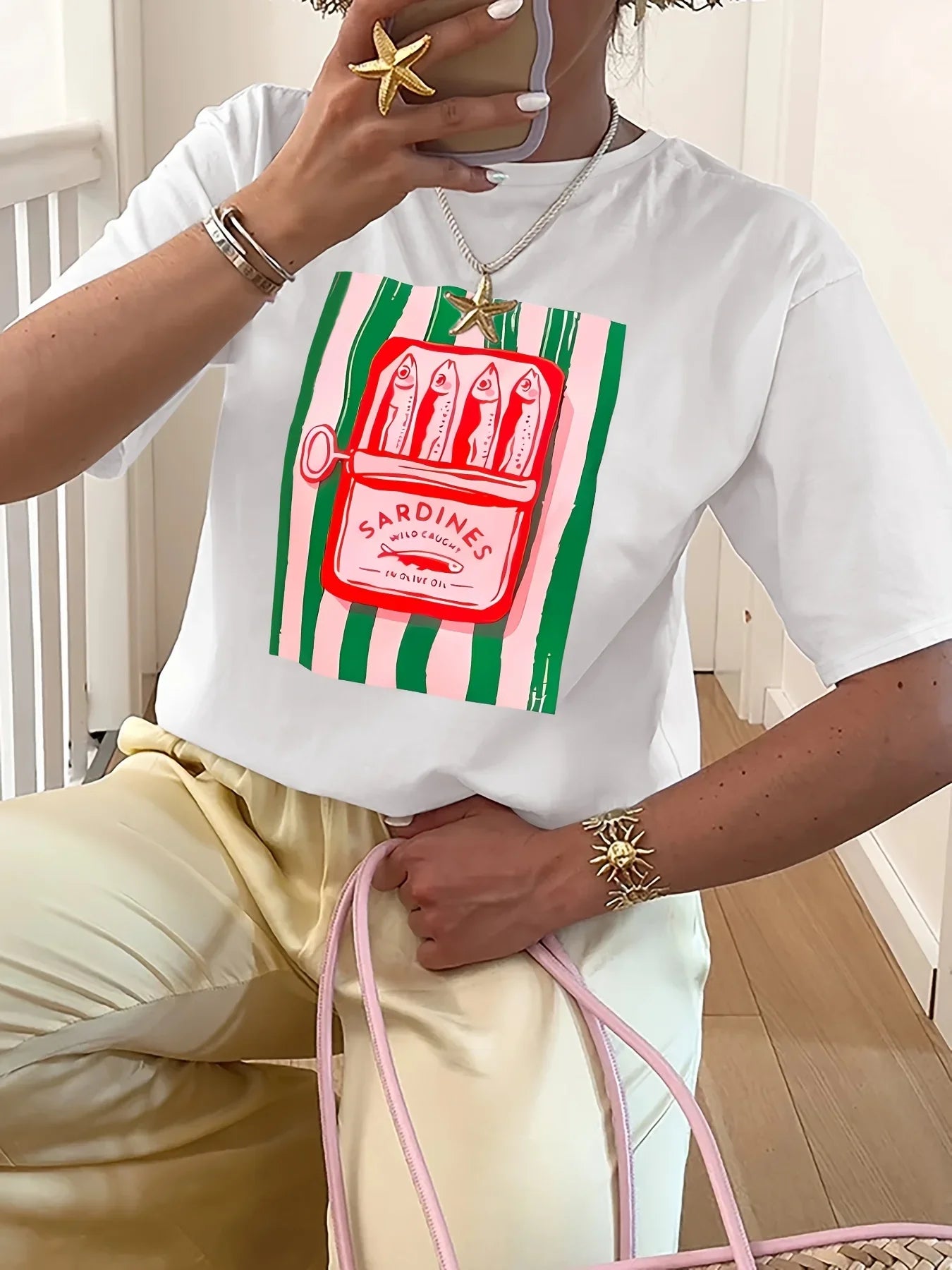 American Y2k Women’s Casual T-Shirt with Sardine Pattern Print, Summer Short-Sleeve Streetwear Top, Trendy and Multifunctional