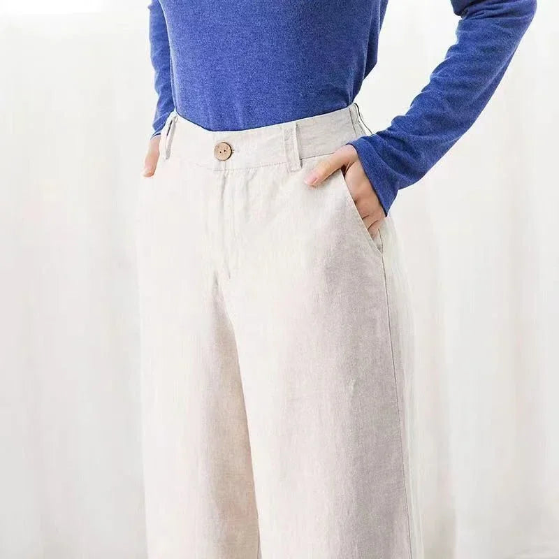 Summer Baggy Cotton Linen Pants Women Elegant High Waist White Wide Leg Pants Woman Casual Loose Straight Full Trousers Female