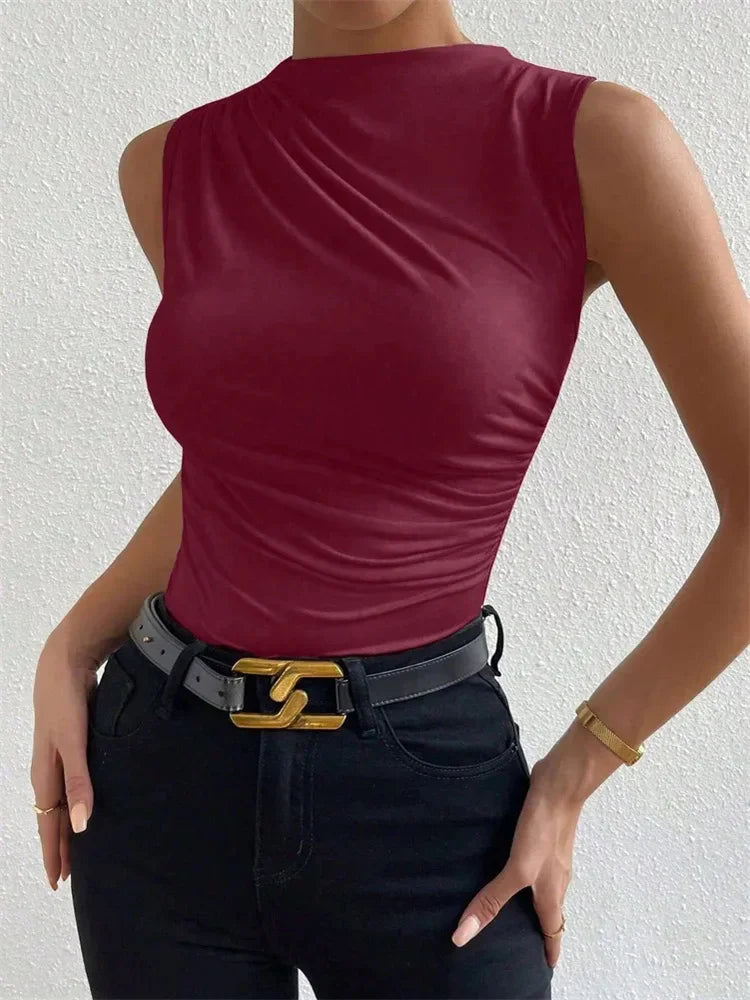 Fashion Casual Mock Neck Ruched Tank Top for Women Summer 2024 Solid Color Pleated Sleeveless Tee Shirt Tshirt Streetwear Y2K