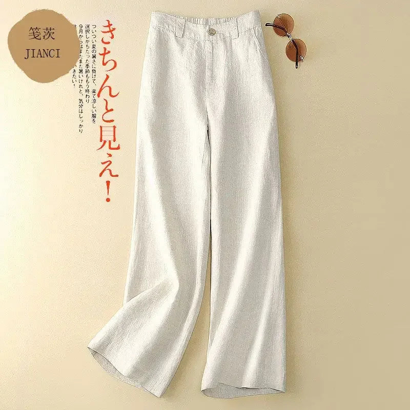 Summer Baggy Cotton Linen Pants Women Elegant High Waist White Wide Leg Pants Woman Casual Loose Straight Full Trousers Female