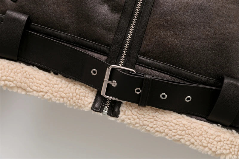 RARF 2024 New Woman's Fashion Thick Warm Faux Shearling Jacket Coat Vintage Long Sleeve Belt Hem Female Outerw