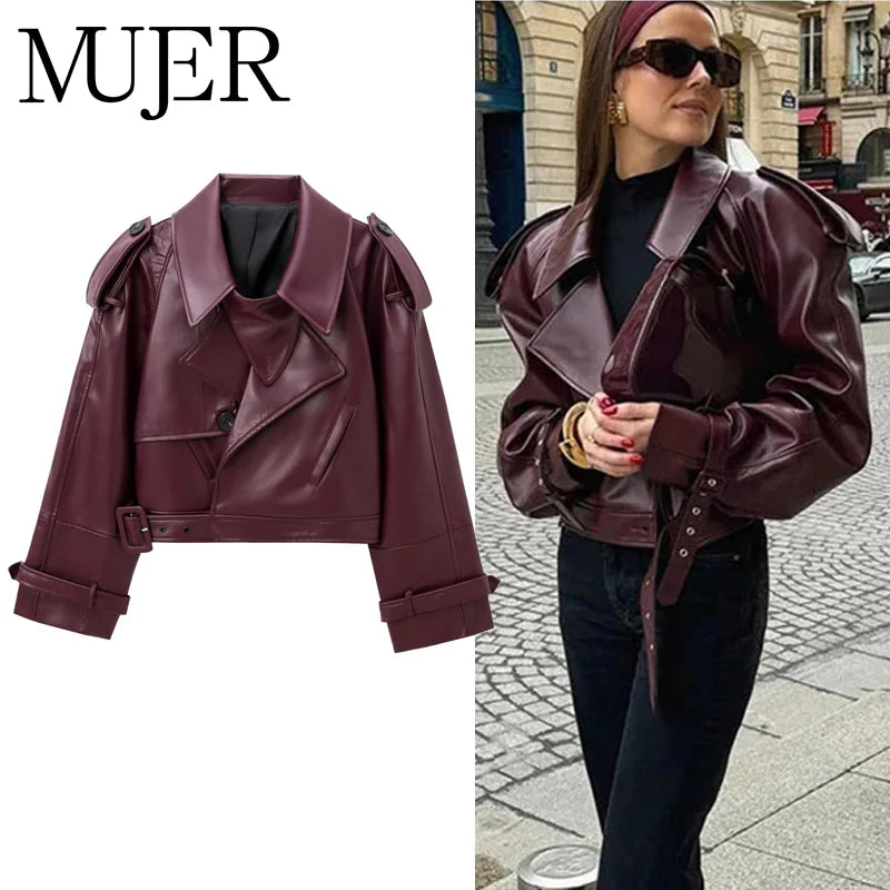 MUJER Faux Leather Bomber Jackets for Women Fashion Cropped Jacket Woman Streetwear Outerwears Long Sleeve Jacket Women Coats