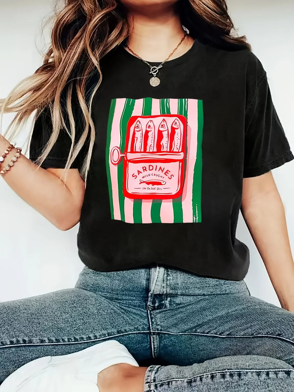 American Y2k Women’s Casual T-Shirt with Sardine Pattern Print, Summer Short-Sleeve Streetwear Top, Trendy and Multifunctional