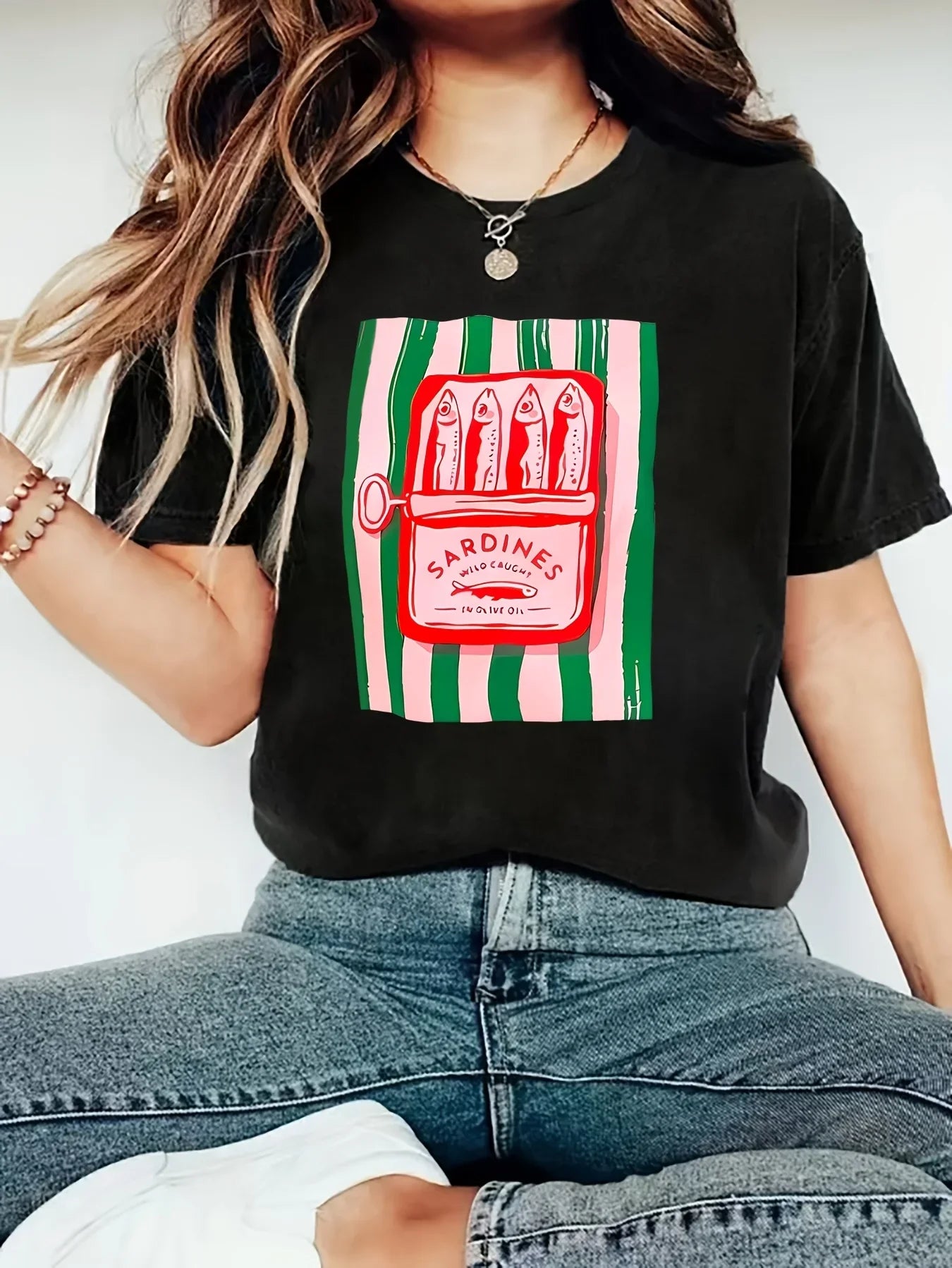 American Y2k Women’s Casual T-Shirt with Sardine Pattern Print, Summer Short-Sleeve Streetwear Top, Trendy and Multifunctional