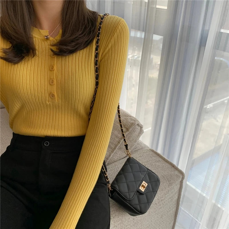 Knitted Women Sweater Button O-neck Pullovers Spring Autumn Basic Sweaters for Female Pullover Slim Solid Bold Stripes Tops