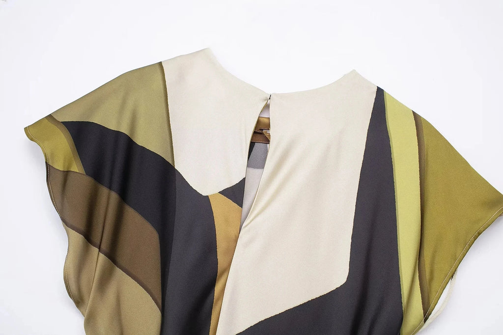 TRAFZA 2024 Summer Women Dress Fashion Vintage Print O-Neck Midi Dress Waist Cinched Casual Chic Woman Elegant Dresses