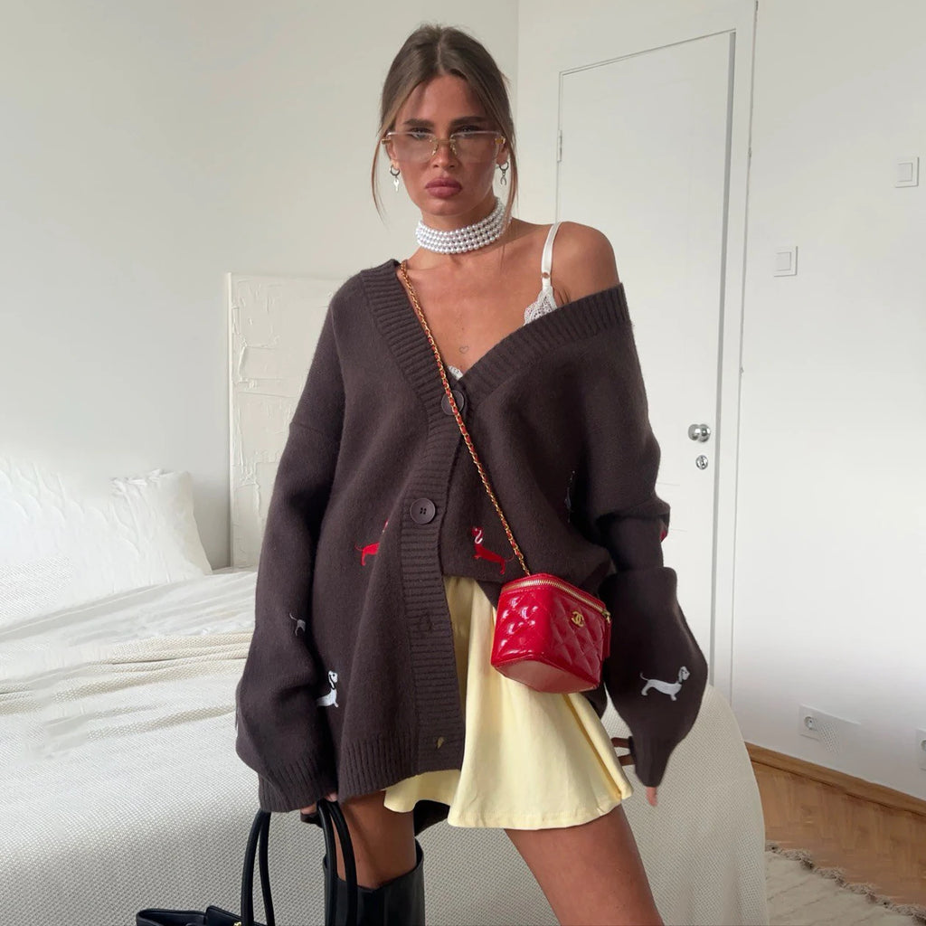 Zekye Cross-border Dachshund Embroidered Sweater Coat For Women Super Loose Soft Lazy Fashionable Knitted Cardigan Outerwear