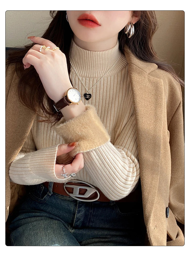 Winter Women’s Turtleneck Sweater, Retro Red Velvet-Lined, Thick Knit Thermal Bottoming Shirt