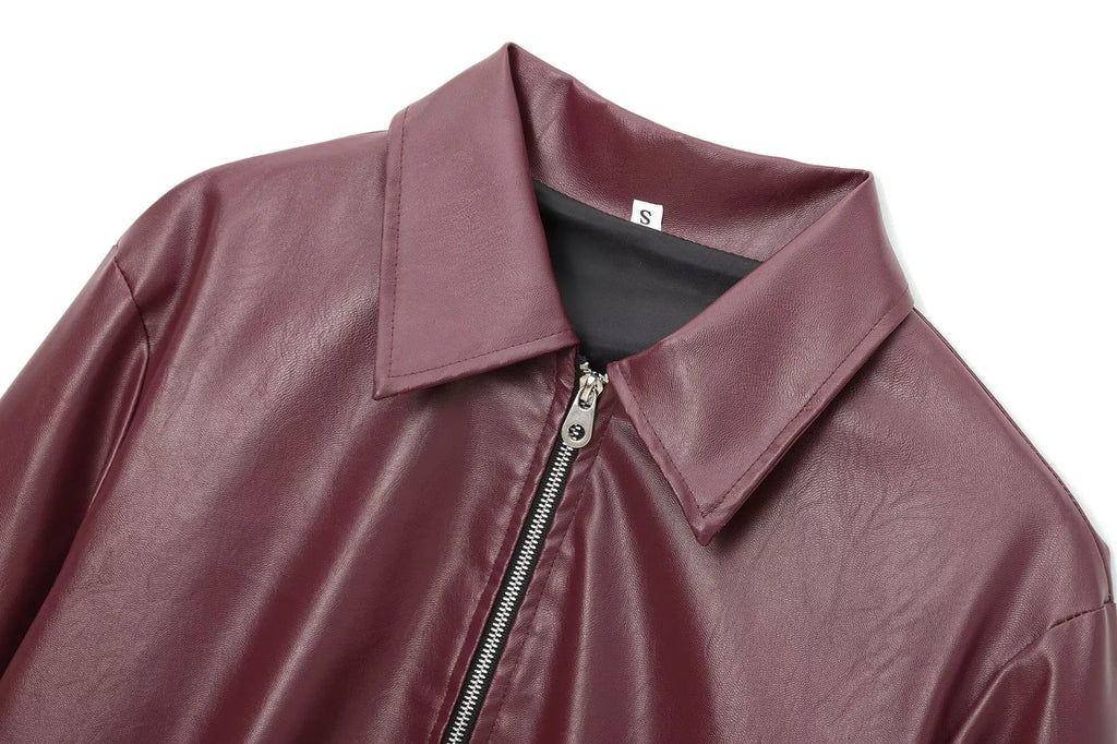 TRAFZA Wine Red Faux Leather Jakcet Fashion Outerwear Thicken Zipper Lapel Pu Coats Autumn Winter Streetwear Ladies Tops Women
