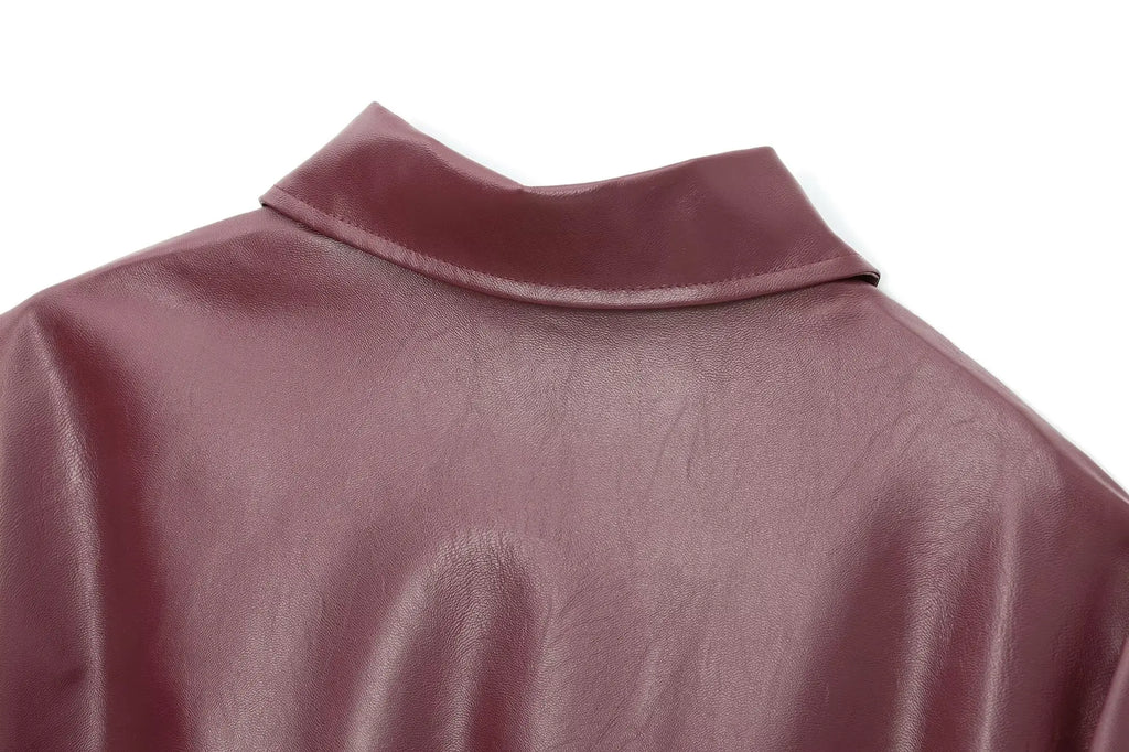 TRAFZA Wine Red Faux Leather Jakcet Fashion Outerwear Thicken Zipper Lapel Pu Coats Autumn Winter Streetwear Ladies Tops Women