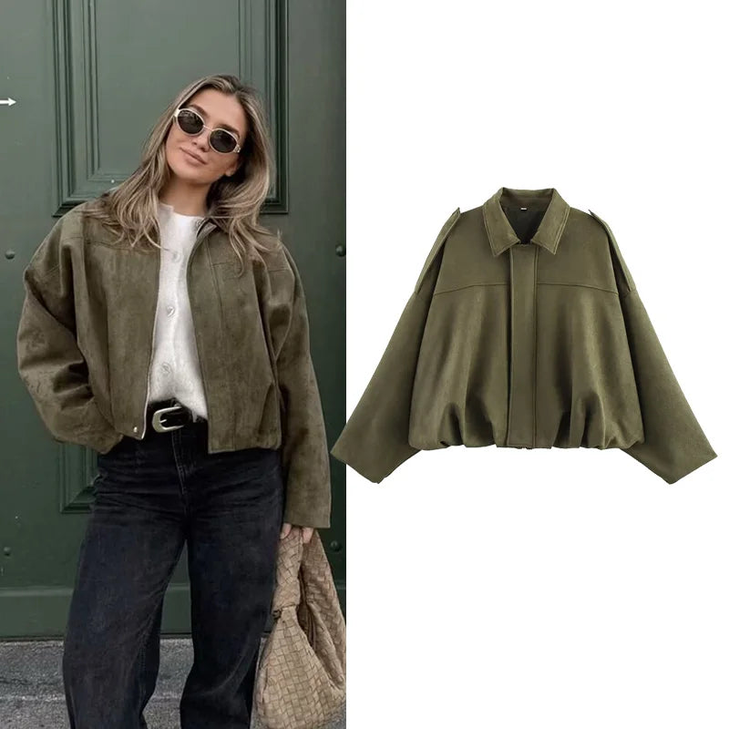 RAFZNB Women's Bomber Jackets Coats Fashion Turn-down Collar Long Sleeve Loose Coats Vintage Female Outerwear Chic Tops