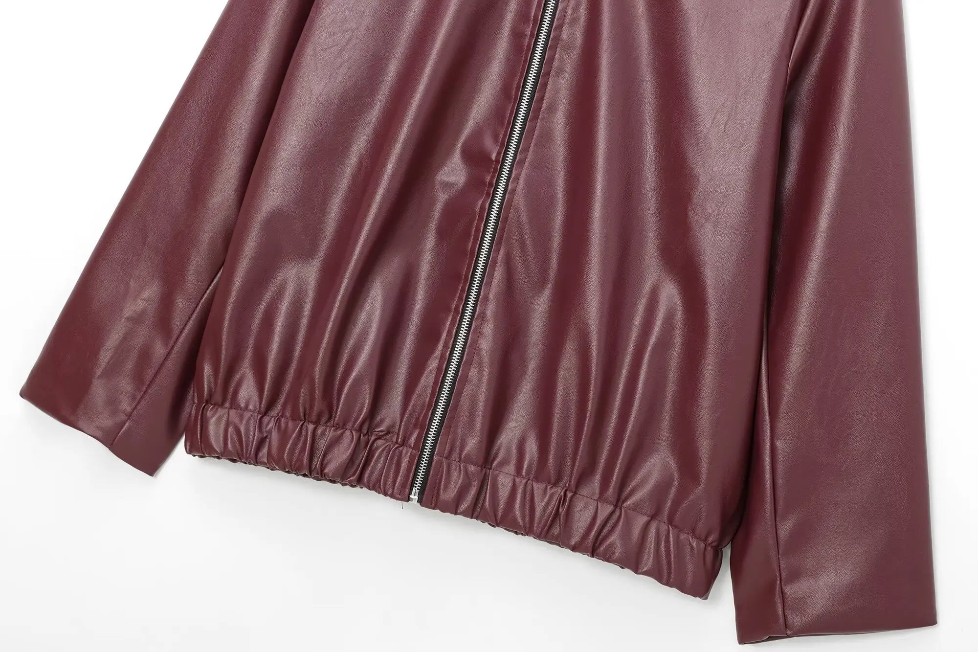TRAFZA Wine Red Faux Leather Jakcet Fashion Outerwear Thicken Zipper Lapel Pu Coats Autumn Winter Streetwear Ladies Tops Women