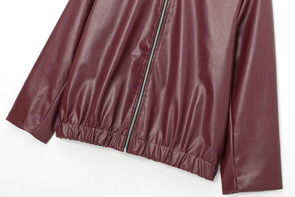 TRAFZA Wine Red Faux Leather Jakcet Fashion Outerwear Thicken Zipper Lapel Pu Coats Autumn Winter Streetwear Ladies Tops Women