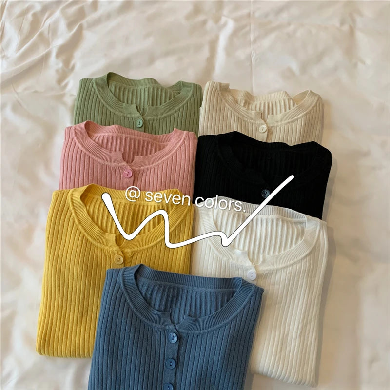 Knitted Women Sweater Button O-neck Pullovers Spring Autumn Basic Sweaters for Female Pullover Slim Solid Bold Stripes Tops