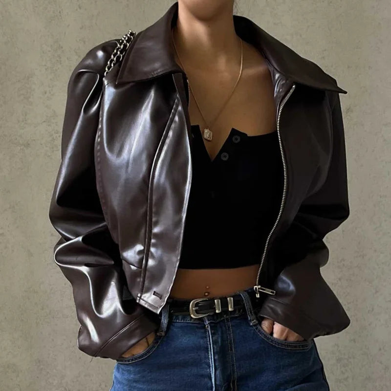 WhereMery Faux Leather Short Jacket Y2K Turn-down Collar Fashion Botton Decoration PU Coat 2022 Grunge Street Casual Women Coats