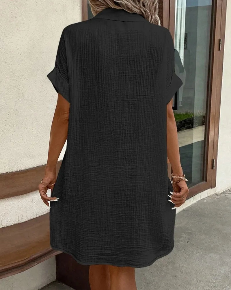 Women's Fashion Summer Minimalist V-neck Button Up Dress Woman Cotton Linen White Short Sleeved Pocket Casual Loose Shirt Dress