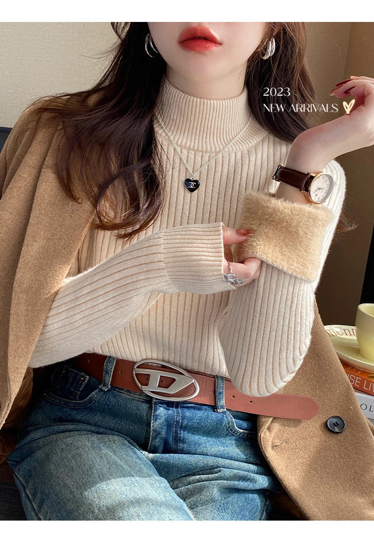 Winter Women’s Turtleneck Sweater, Retro Red Velvet-Lined, Thick Knit Thermal Bottoming Shirt
