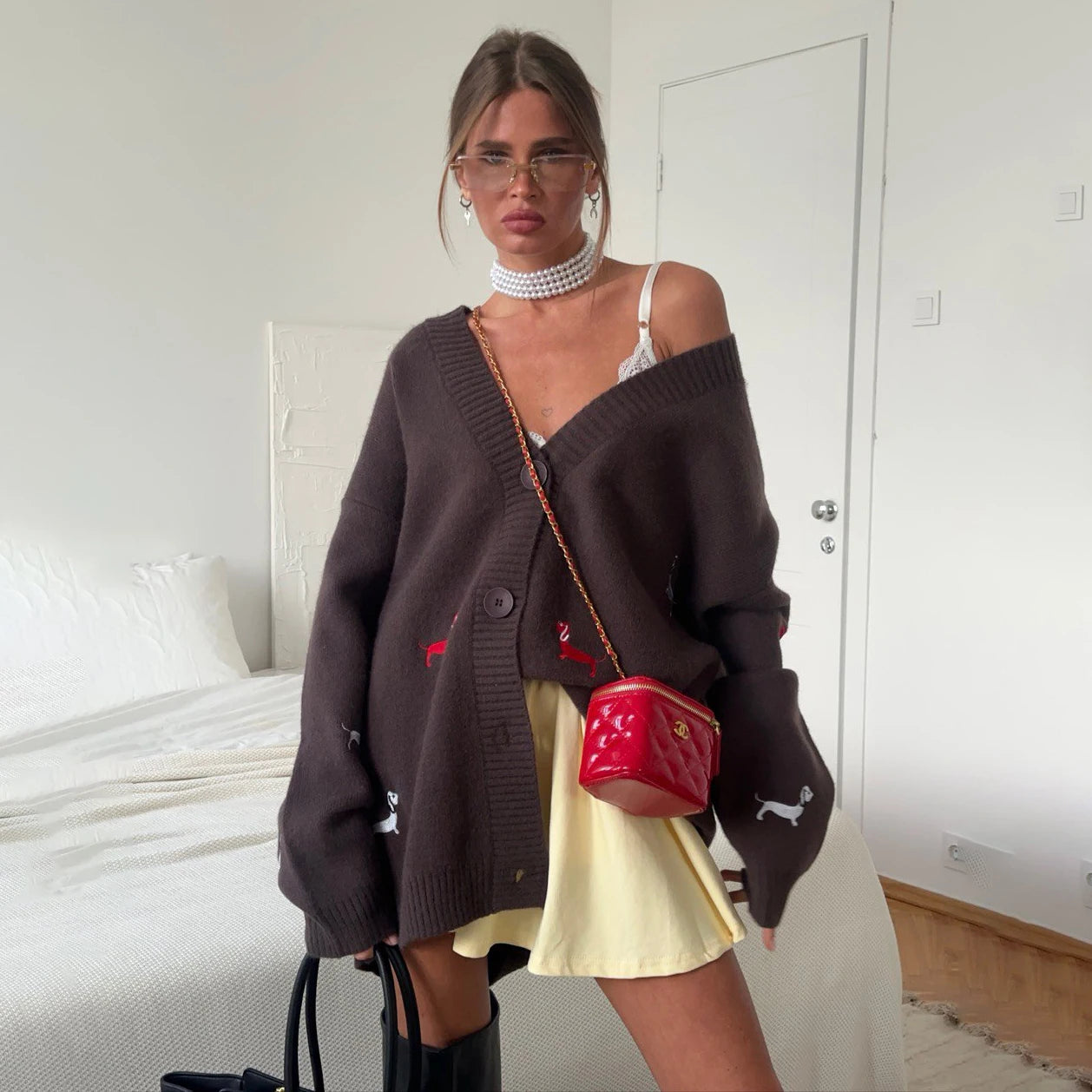 Zekye Cross-border Dachshund Embroidered Sweater Coat For Women Super Loose Soft Lazy Fashionable Knitted Cardigan Outerwear