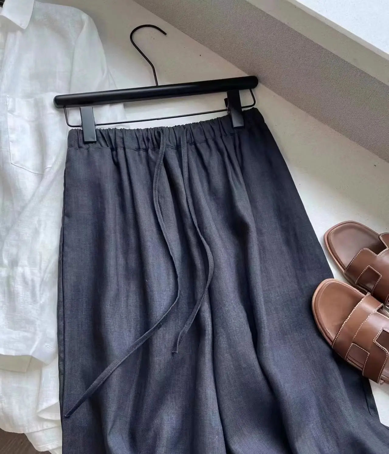Slack Linen Wide-leg Pants Summer Loose Versatile Drawstring Straight White Casual Trousers Korean Fashion