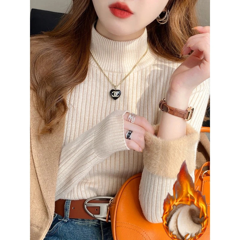 Winter Women’s Turtleneck Sweater, Retro Red Velvet-Lined, Thick Knit Thermal Bottoming Shirt